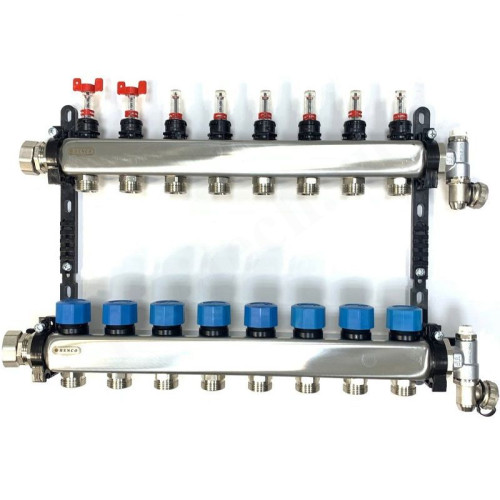 Коллектор Henco UFH-MDSS 1"х3/4", 8вых., c клапанами, с расходомерами, сталь нерж., (компл), в сборе