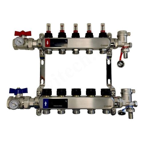 Коллектор WAAG 1"х3/4", 5вых., c клапанами, с расходомерами, сталь нерж., в сборе