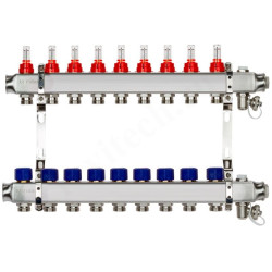 Коллектор Ридан SSM-RF 9 1"х3/4", 9вых., c клапанами, с расходомерами, сталь нерж., синий, в сборе