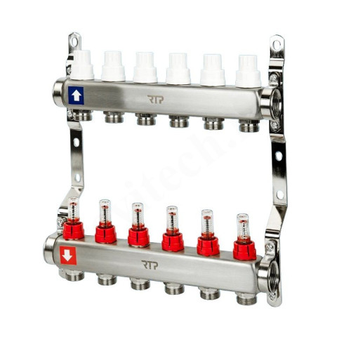 Коллектор RTP 1"х3/4", 6вых., c клапанами, с расходомерами, сталь нерж., белый