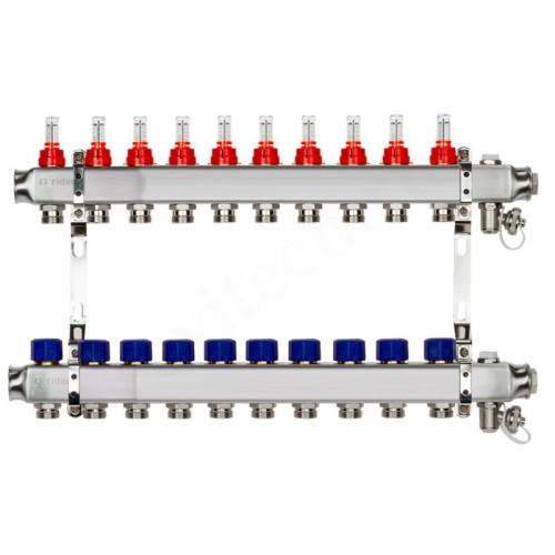 Коллектор Ридан SSM-RF 10 1"х3/4", 10вых., c клапанами, с расходомерами, сталь нерж., синий, в сборе