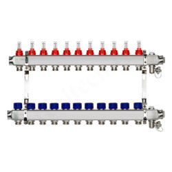 Коллектор Ридан SSM-RF 11 1"х3/4", 11вых., c клапанами, с расходомерами, сталь нерж., синий, в сборе