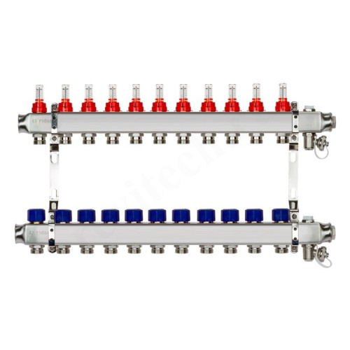 Коллектор Ридан SSM-RF 11 1"х3/4", 11вых., c клапанами, с расходомерами, сталь нерж., синий, в сборе
