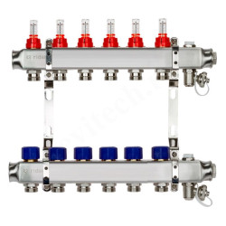 Коллектор Ридан SSM-RF 6 1"х3/4", 6вых., c клапанами, с расходомерами, сталь нерж., синий, в сборе
