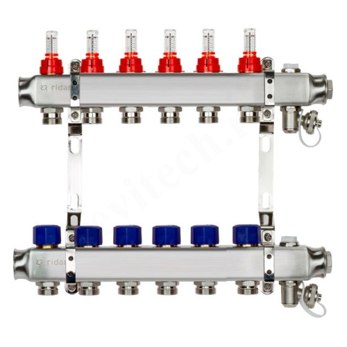 Коллектор Ридан SSM-RF 6 1"х3/4", 6вых., c клапанами, с расходомерами, сталь нерж., синий, в сборе