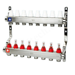 Коллектор RTP 1"х3/4", 8вых., c клапанами, с расходомерами, сталь нерж., белый