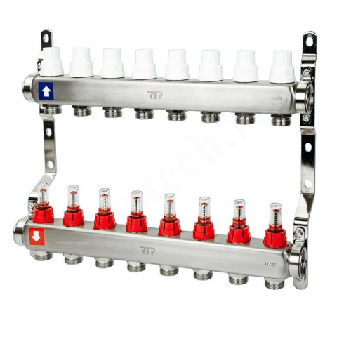 Коллектор RTP 1"х3/4", 8вых., c клапанами, с расходомерами, сталь нерж., белый