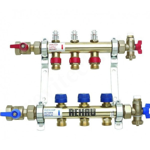 Коллектор Rehau HKV-D 1"х3/4", 3вых., c клапанами, с расходомерами, сталь нерж., (компл), в сборе