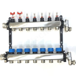 Коллектор Henco UFH-MDSS 1"х3/4", 7вых., c клапанами, с расходомерами, сталь нерж., (компл), в сборе