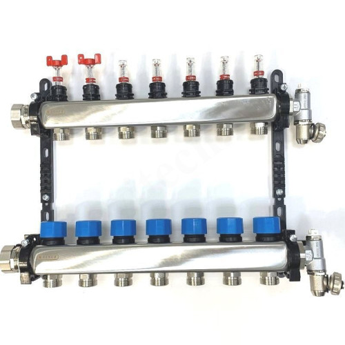 Коллектор Henco UFH-MDSS 1"х3/4", 7вых., c клапанами, с расходомерами, сталь нерж., (компл), в сборе
