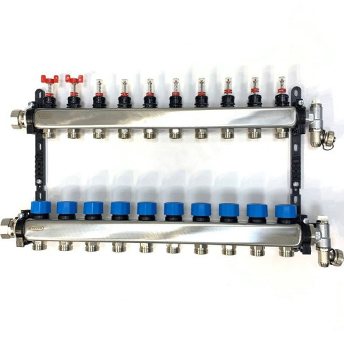 Коллектор Henco UFH-MDSS 1"х3/4", 10вых., c клапанами, с расходомерами, сталь нерж., (компл), в сбор