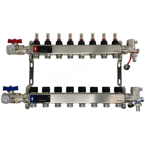 Коллектор WAAG 1"х3/4", 8вых., c клапанами, с расходомерами, сталь нерж., в сборе