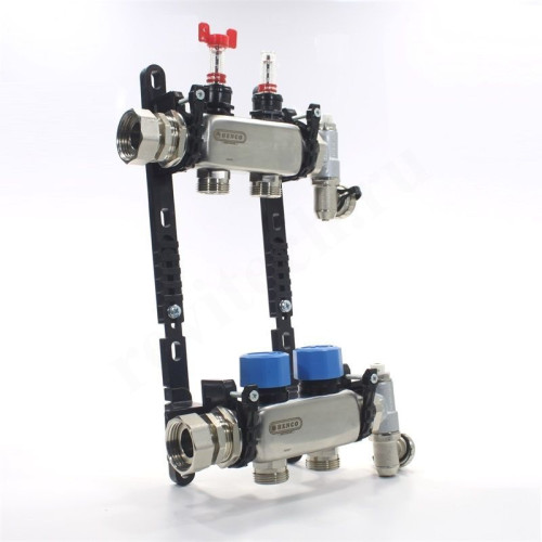 Коллектор Henco UFH-MDSS 1"х3/4", 2вых., c клапанами, с расходомерами, сталь нерж., (компл), в сборе