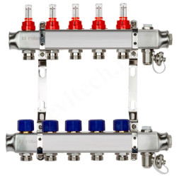 Коллектор Ридан SSM-RF 5 1"х3/4", 5вых., c клапанами, с расходомерами, сталь нерж., синий, в сборе