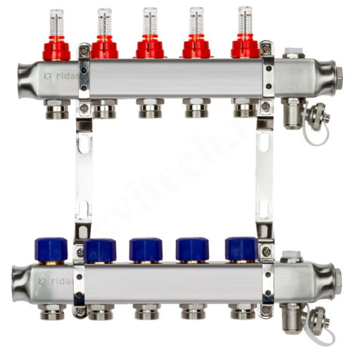 Коллектор Ридан SSM-RF 5 1"х3/4", 5вых., c клапанами, с расходомерами, сталь нерж., синий, в сборе
