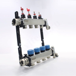 Коллектор Henco UFH-MDSS 1"х3/4", 4вых., c клапанами, с расходомерами, сталь нерж., (компл), в сборе
