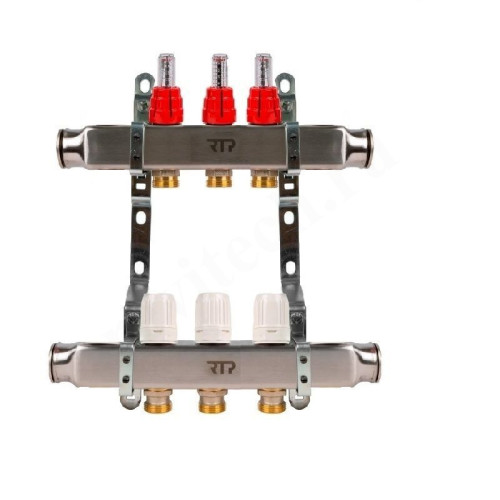 Коллектор RTP 1"х3/4", 3вых., c клапанами, с расходомерами, сталь нерж., белый, в сборе