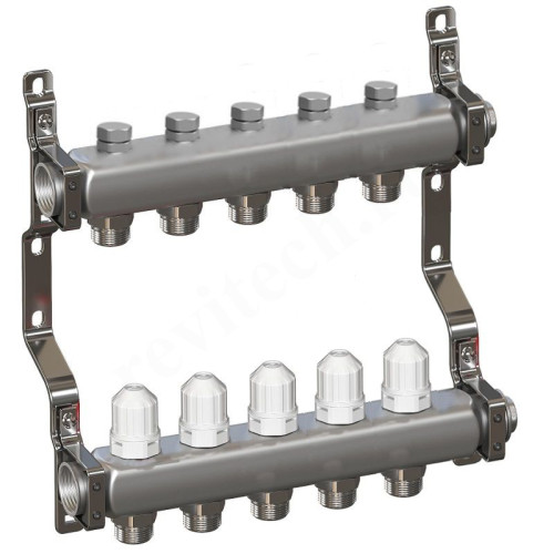 Коллектор RTP 1"х3/4", 5вых., c клапанами, сталь нерж., белый