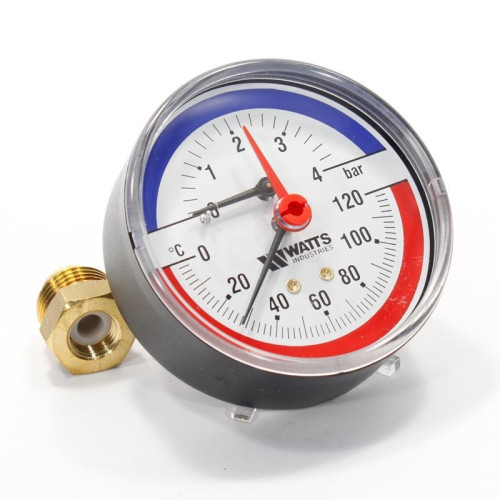 Термоманометр аксиальный STOUT F+R818, 80 мм, 0-4 бар, 0-120 С