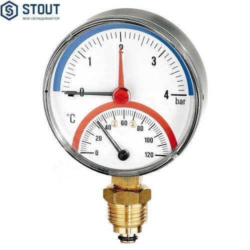 Термоманометр радиальный STOUT F+R828, 80 мм, 0-4 бар, 0-120 С