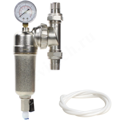 Фильтр сетчатый резьб. 3/4", PN16, WAAG, латунь, со сливным краном, (хол./гор.), с манометром, униве