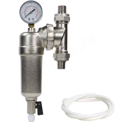 Фильтр сетчатый резьб. 1/2", PN16, WAAG, латунь, со сливным краном, (хол./гор.), с манометром, униве