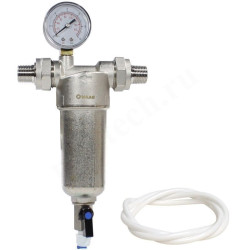 Фильтр сетчатый резьб. 1/2", PN16, WAAG, латунь, со сливным краном, (хол./гор.), с манометром