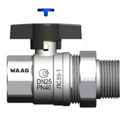 Кран шаровой резьб. 1", PN40, WAAG, латунь, вн.р. - нар.р. с амер., с бабочкой