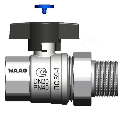 Кран шаровой резьб. 3/4", PN40, WAAG, латунь, вн.р. - нар.р. с амер., с бабочкой