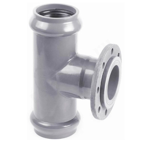Тройник 110-100-110, Хемкор SDR 26, раструб-фланец, серый, с мет. фланцем